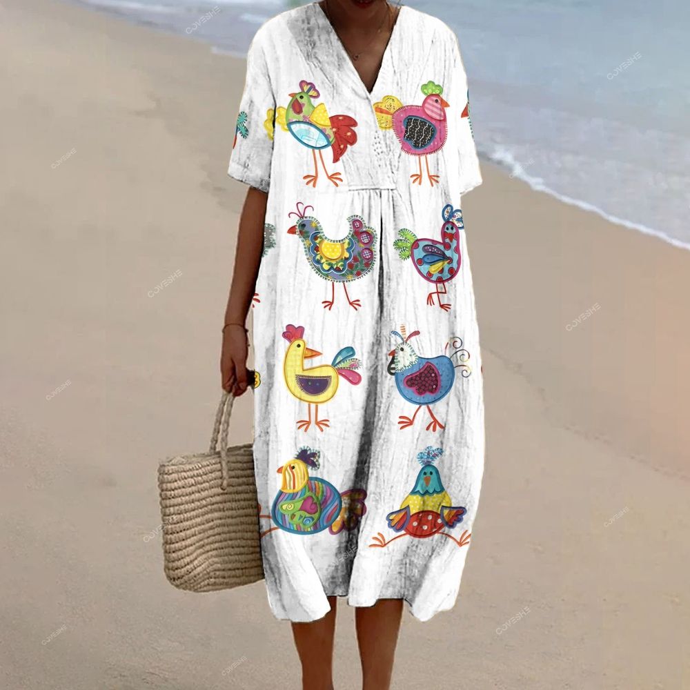Women's Colorful Cartoon Art Chicken Printed Flowy Dress
