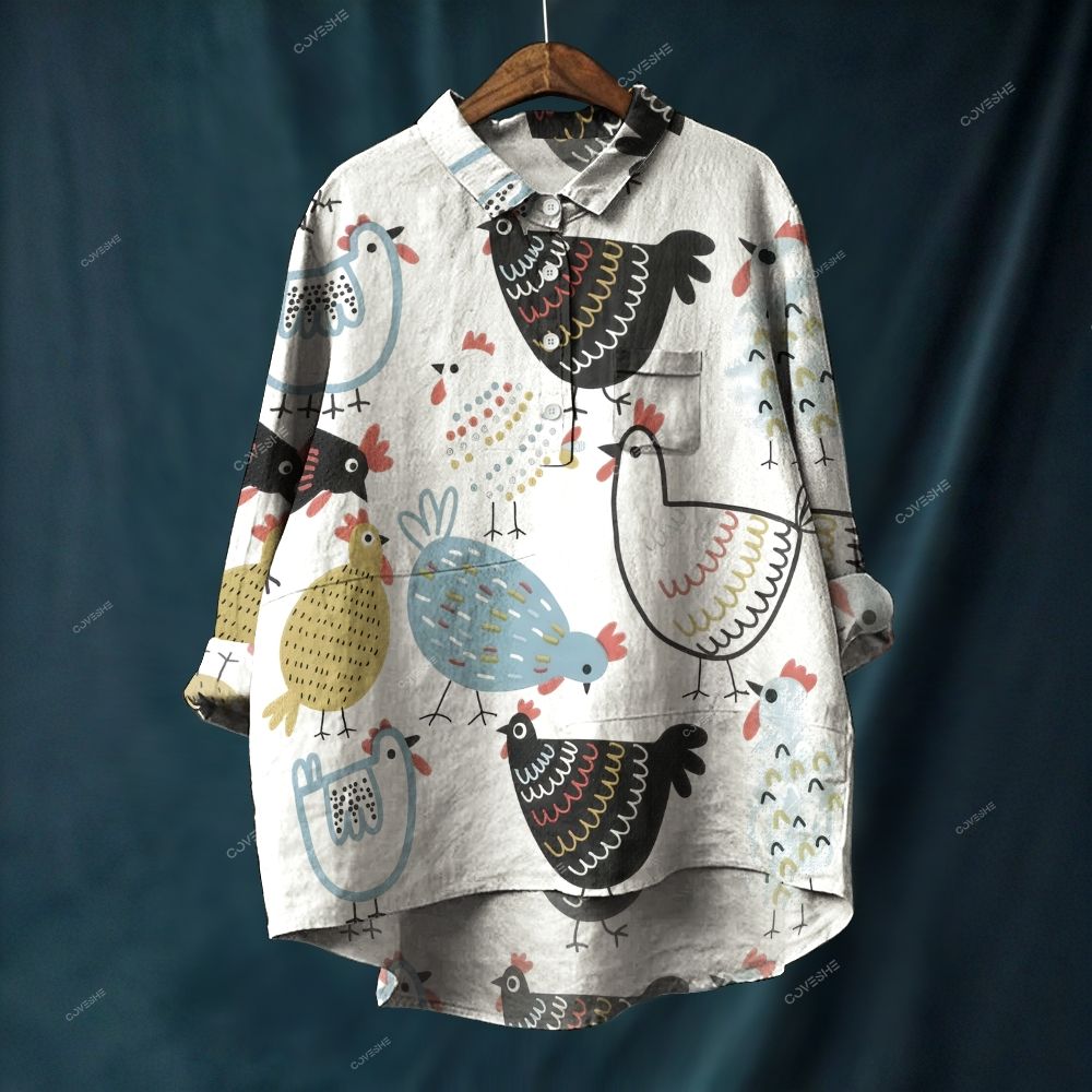 Women's Cartoon Art Chicken Printed Casual Long Sleeve Shirt