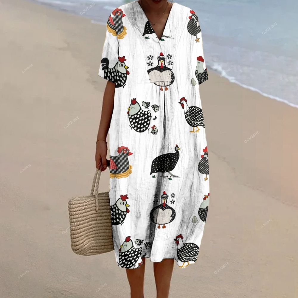 Women's Artistic Polka Dot Chicken Printed Flowy Dress