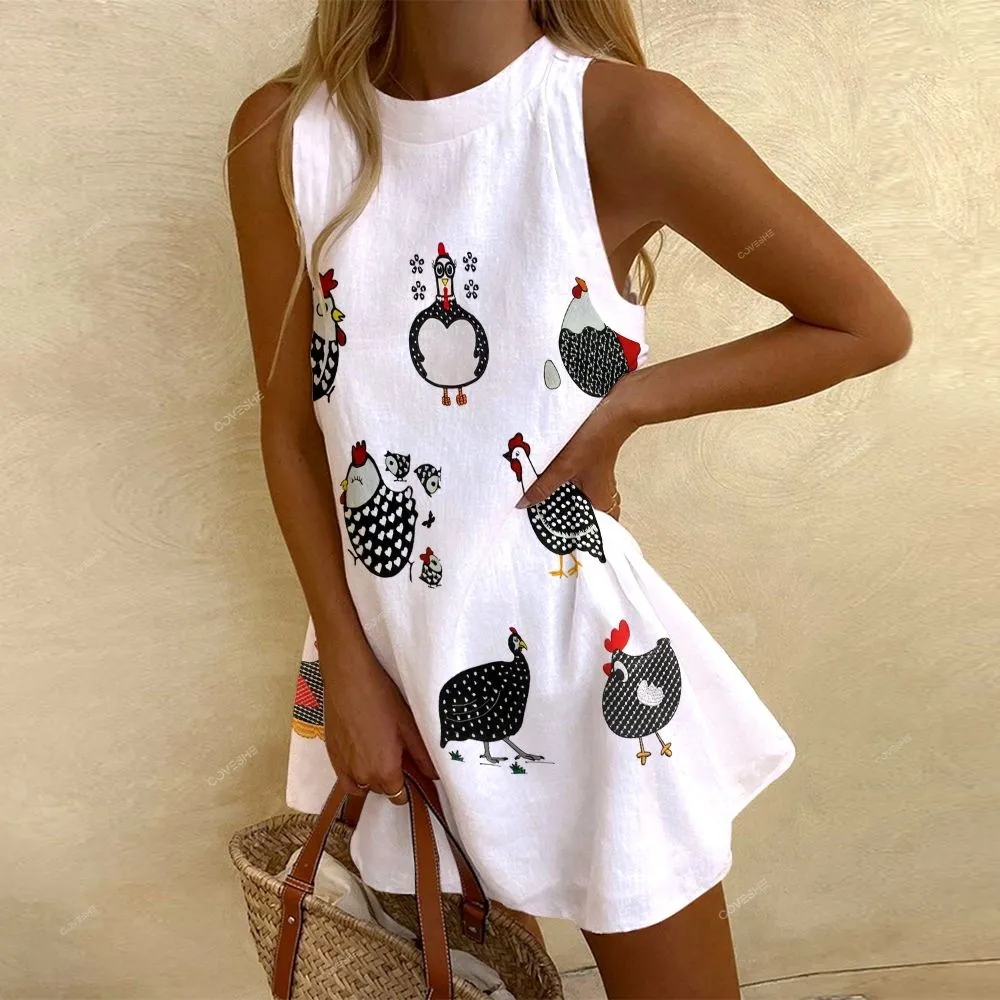 Women's Artistic Polka Dot Chicken Printed Flowy Dress
