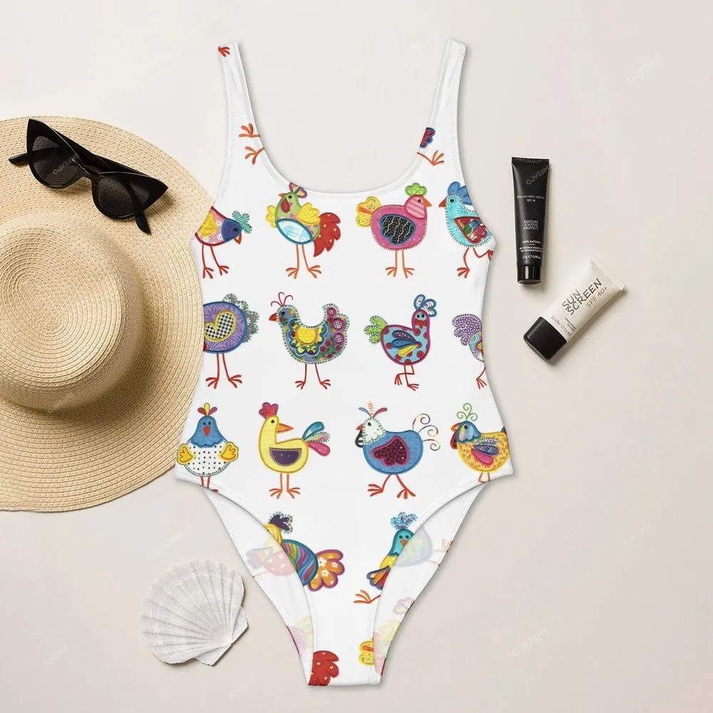 Women's Colorful Cartoon Art Chicken Printed Flowy Dress