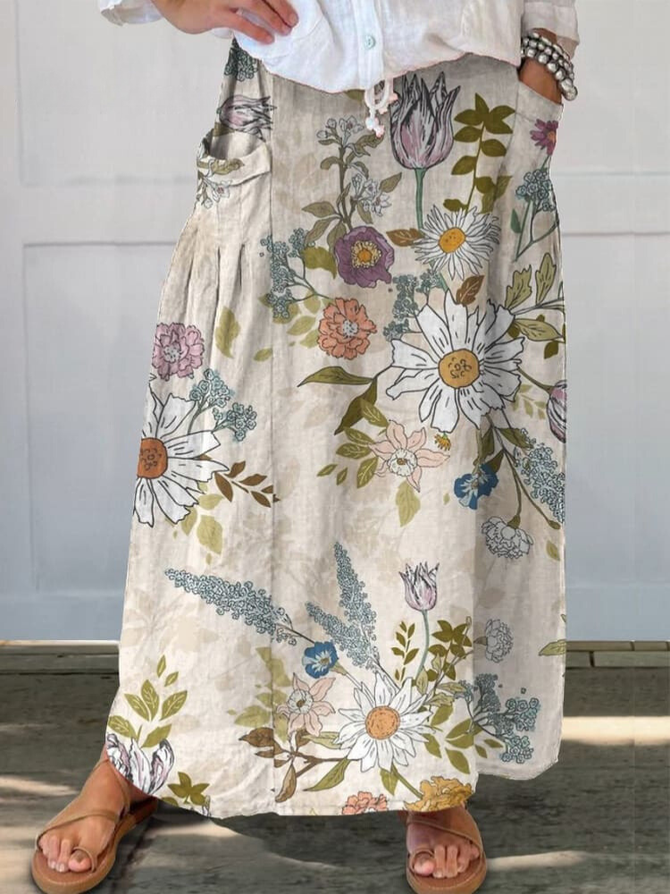 Women's  Flower Art  Print   Linen Pocket Skirt