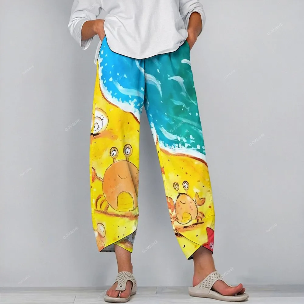 Women's Sleeveless Cartoon Crab With Waves Printed Dress