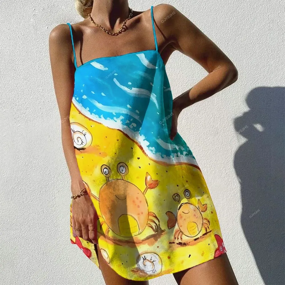 Women's Sleeveless Cartoon Crab With Waves Printed Dress