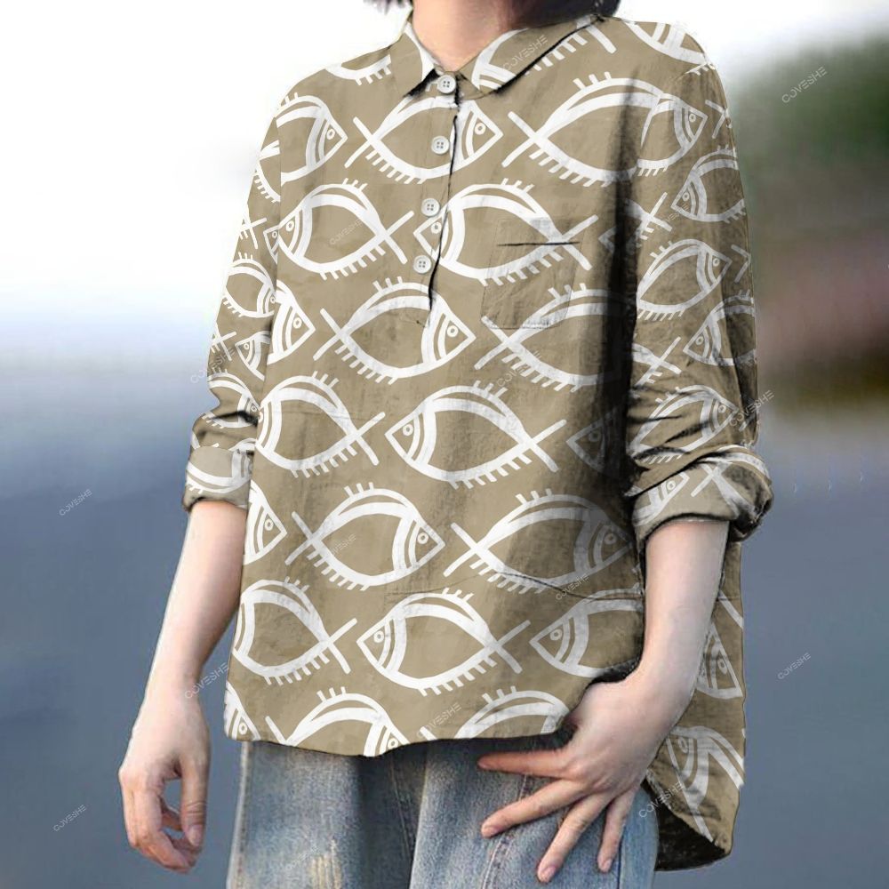 Women's Geometric Fish Printed Casual Long Sleeve Shirt
