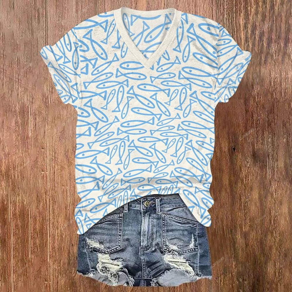 Women's V-neck Geometric Fish Printed Short Sleeve T-shirt