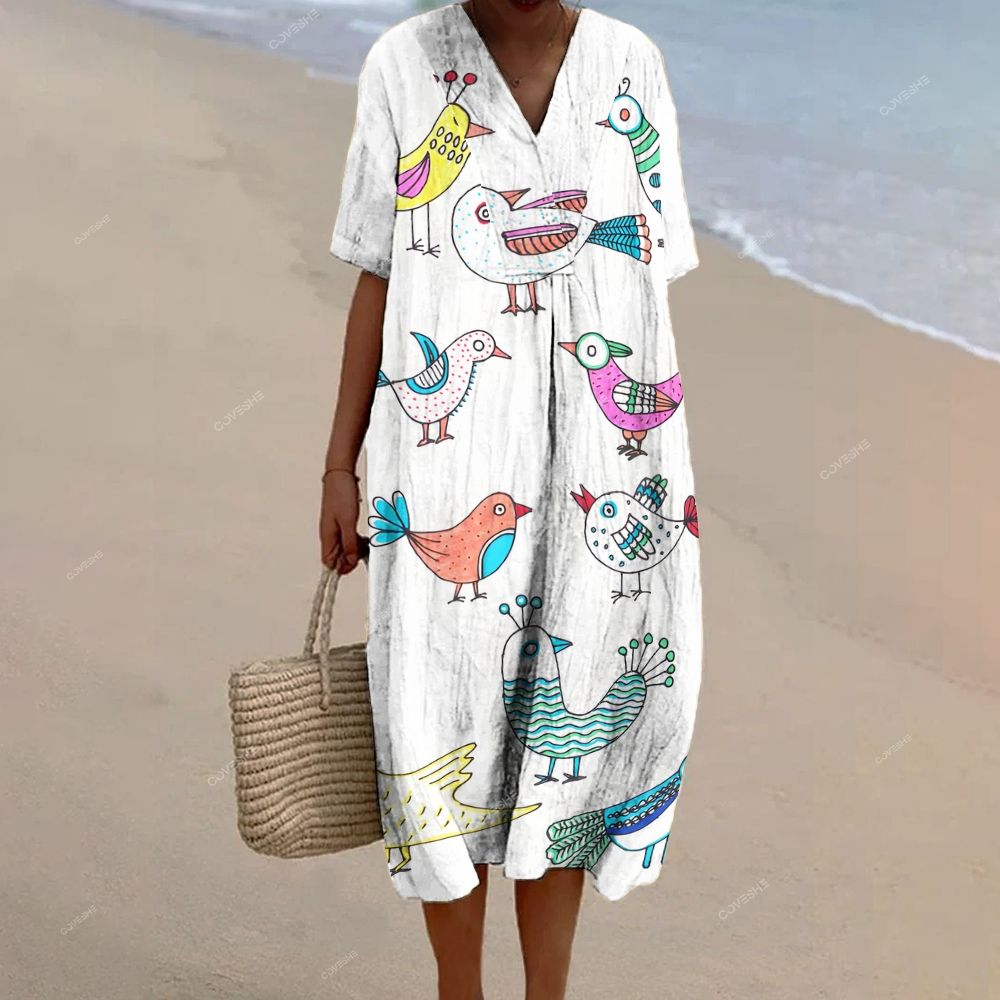 Women's Colorful Cartoon Birds Printed Flowy Dress