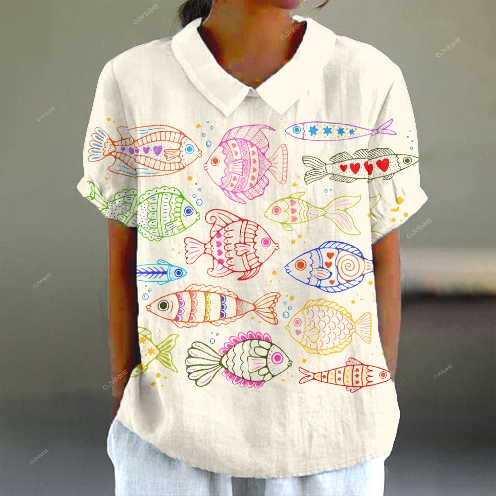 Women's Casual Colorful Geometric Fish Printed Short Sleeve Shirt