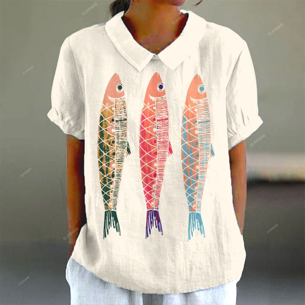 Women's Casual Colorful Sardines Printed Short Sleeve Shirt