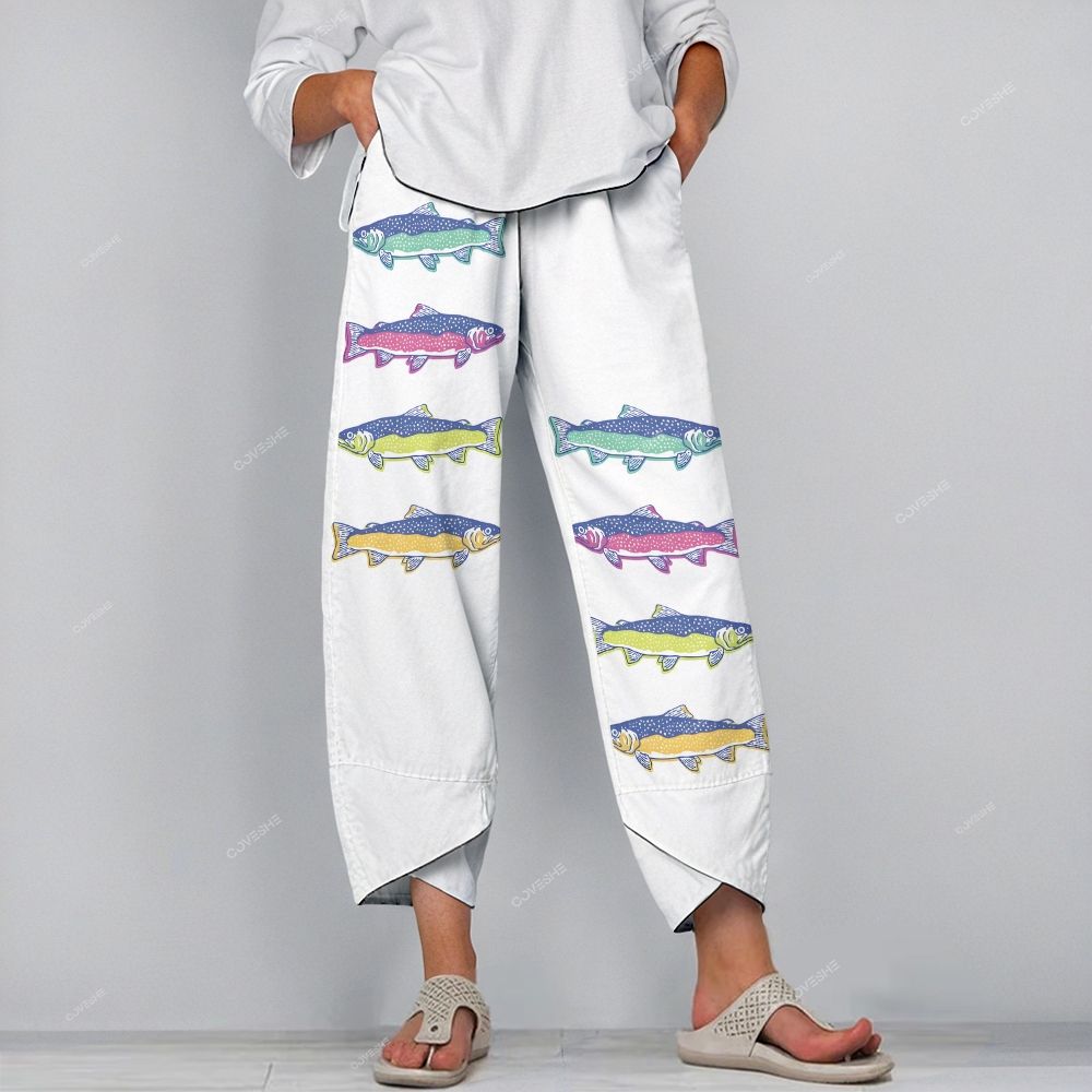 Women's V-neck Colorful Cartoon Fish Printed Short Sleeve T-shirt