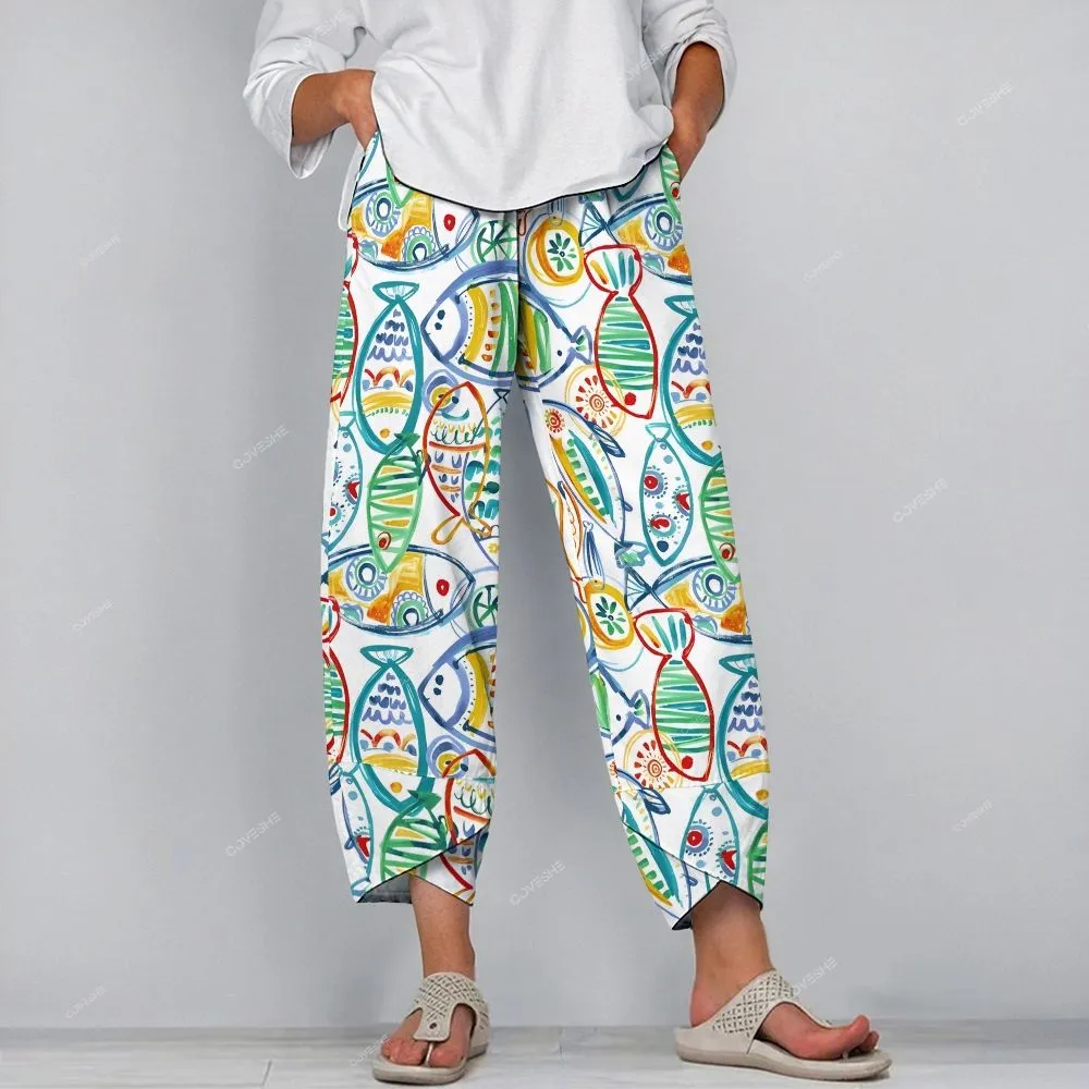 Women's Casual Artistic Colorful Geometric Fish Printed Jumpsuit