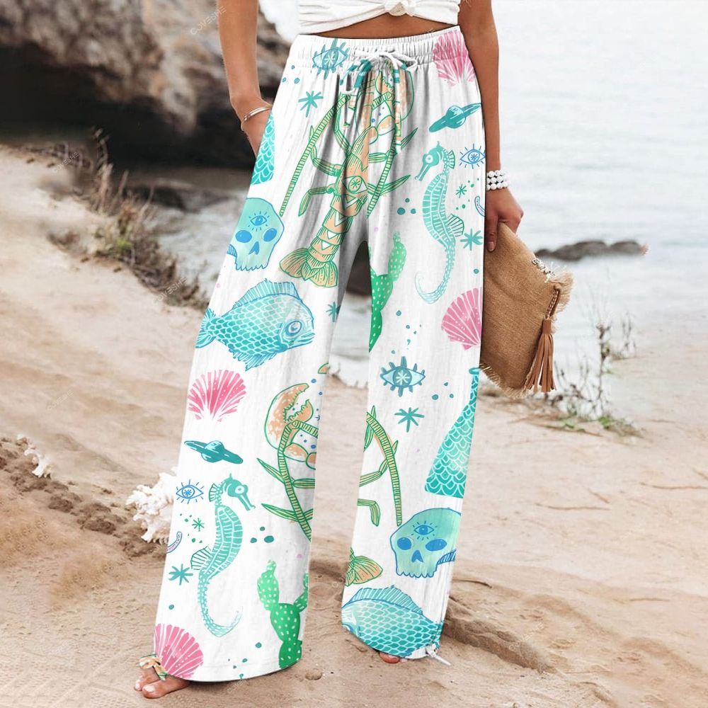 Women's Wide Leg Casual Cartoon Lobster Seahorse Fish Printed Pants