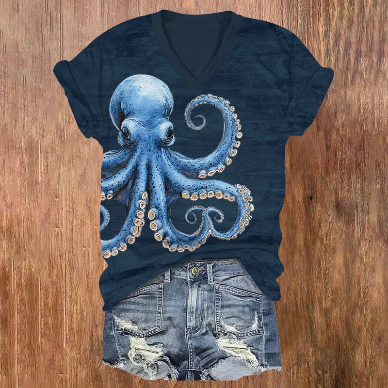Creative Blue Octopus Art Print V-neck T-shirt