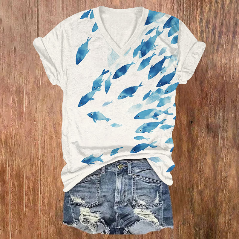 Ombre Small Blue Fish School Art Print V-neck T-shirt
