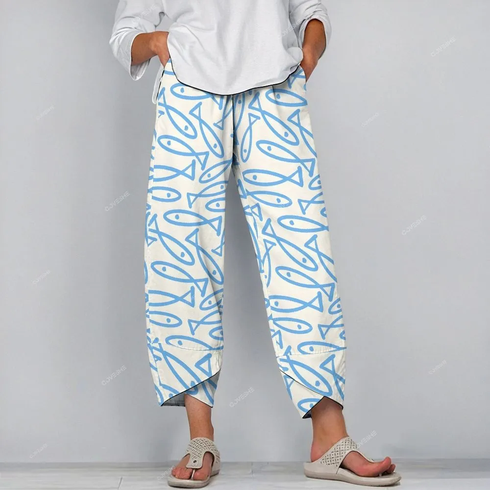 Women's V-neck Geometric Fish Printed Short Sleeve T-shirt