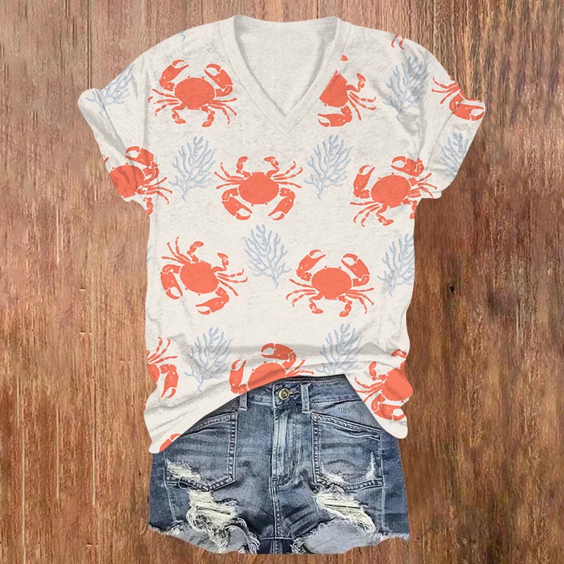 Lovely Crab & Sea Weed Print V-neck T-shirt