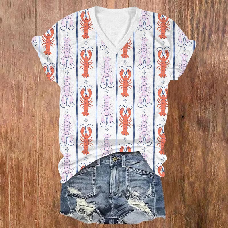 Vivid Vertical Striped Lobster Art  Print V-neck T-shirt