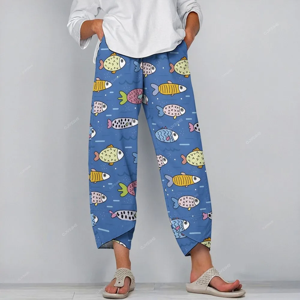 Women's Colorful Cartoon Fish Printed Flowy Dress