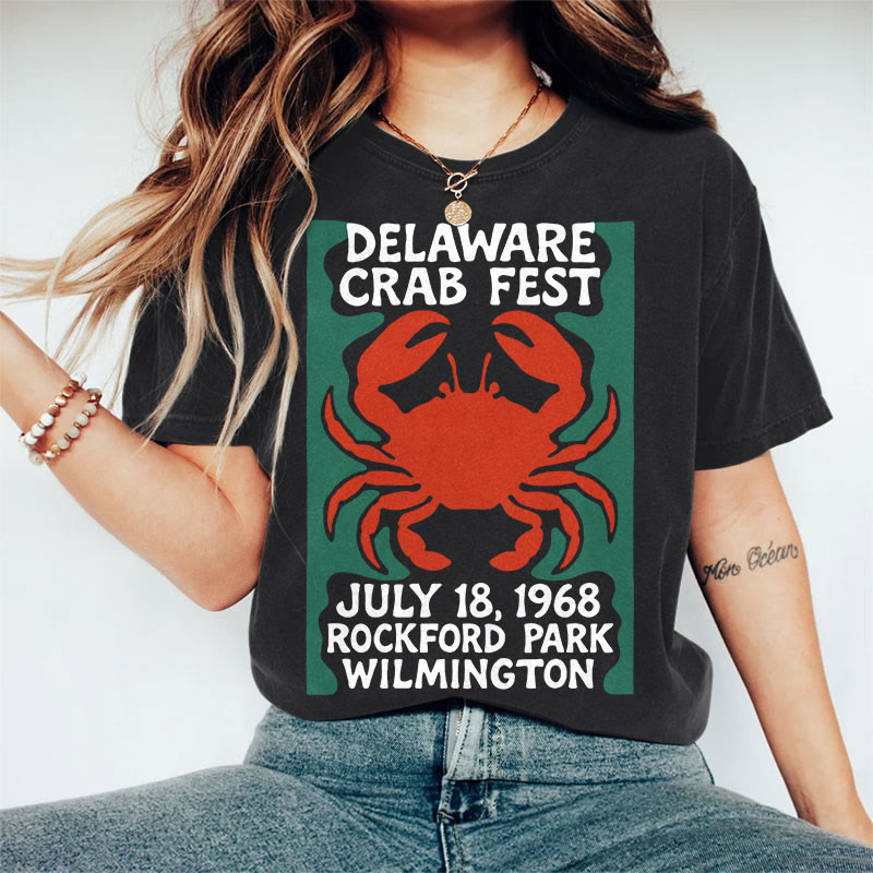 100% Cotton Women's Delaware Crab Fest  Art Print Casual T-shirt