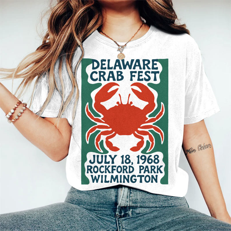 100% Cotton Women's Delaware Crab Fest  Art Print Casual T-shirt