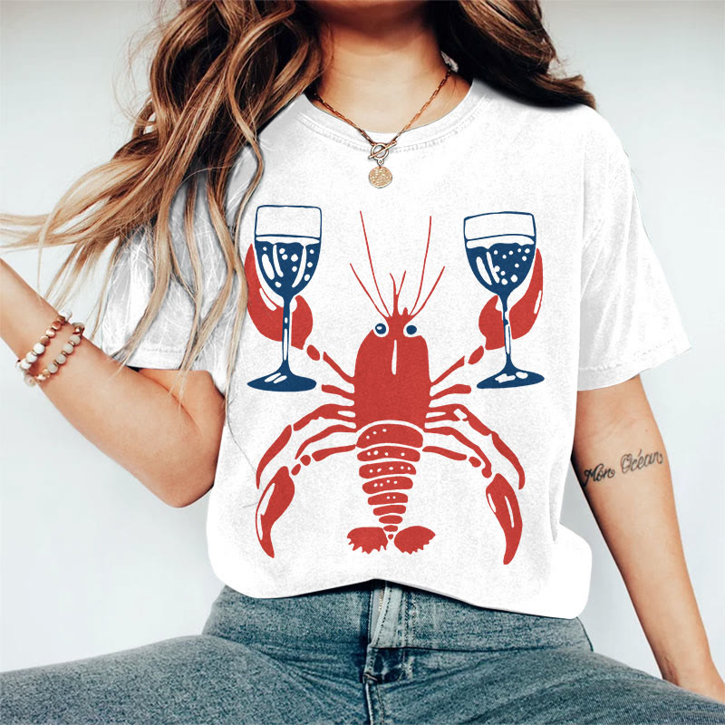 100% Cotton Women's Lobster Holding Wine Glass Art Print Casual T-shirt