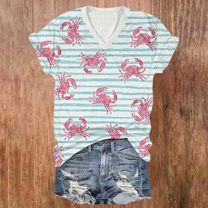 Vintage Blue Striped Crab Art Print V-neck T-shirt