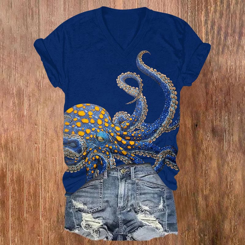 Vintage Yellow Dots Octopus Print V-neck T-shirt
