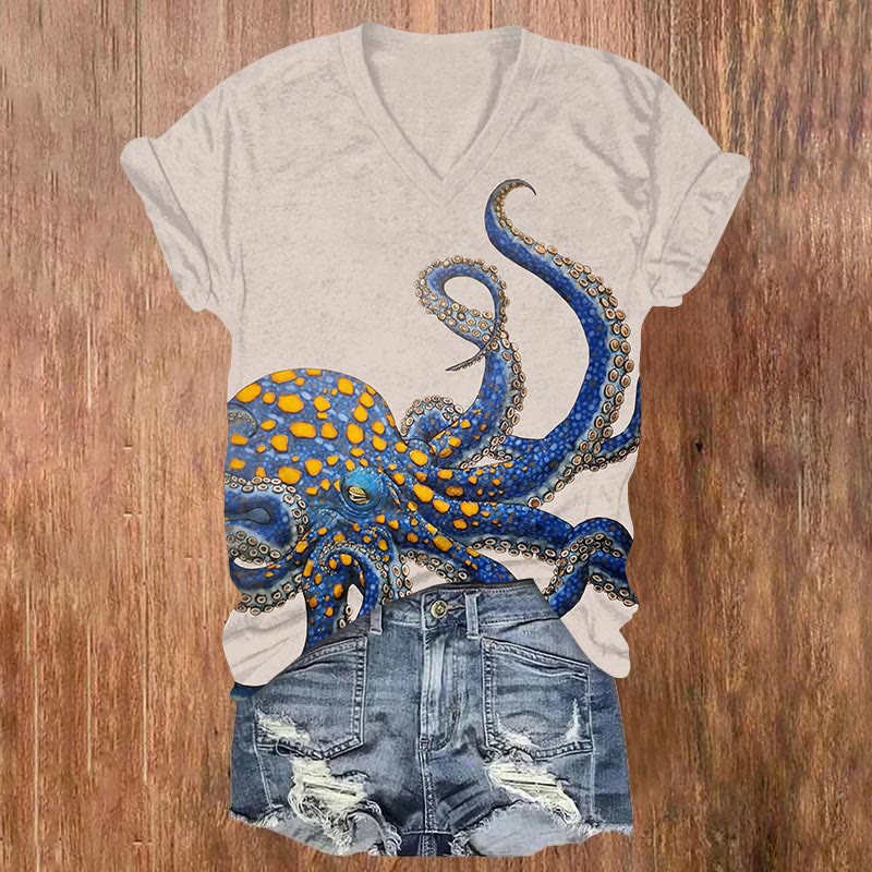Vintage Yellow Dots Octopus Print V-neck T-shirt