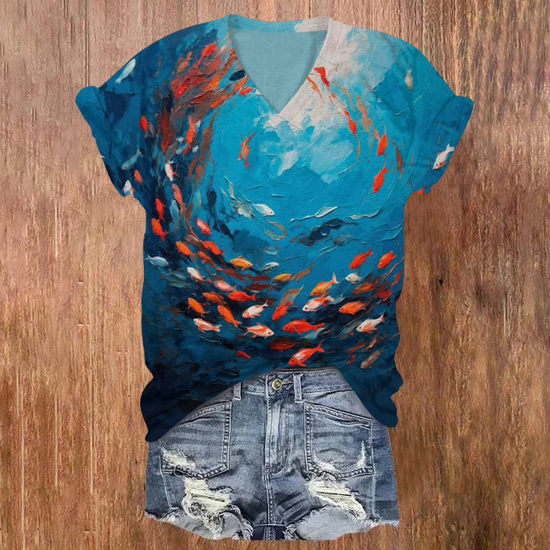 Rotating School Of Fish Print V-neck T-shirt
