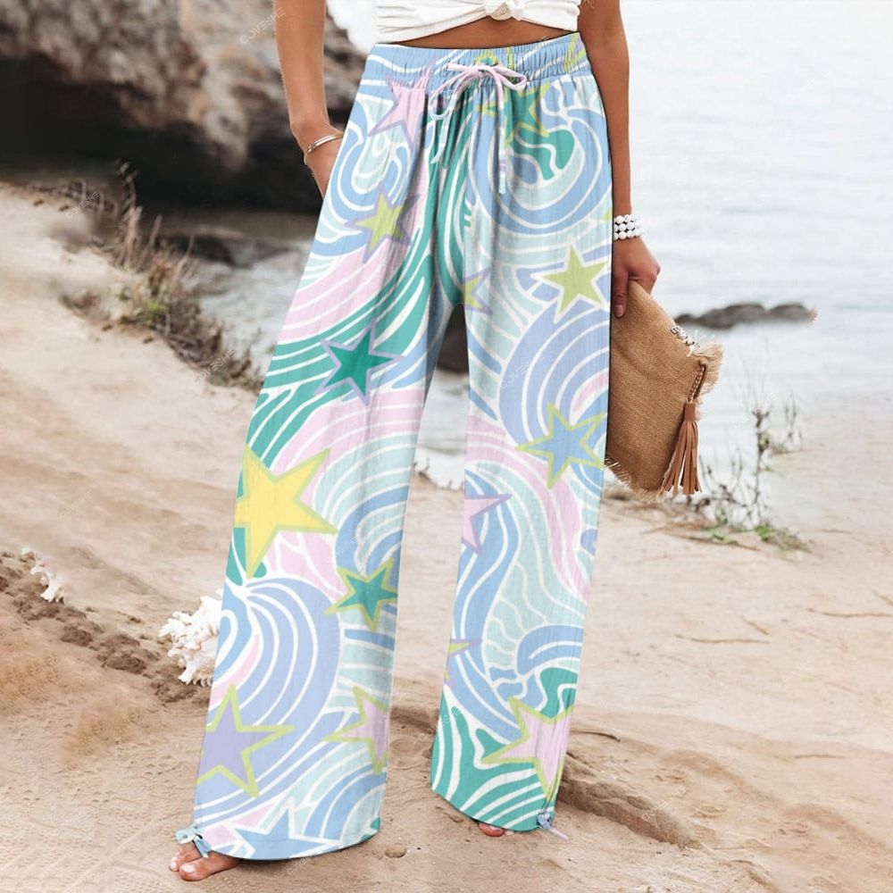 Women's Wide Leg Casual Colorful Geometric Lines Stars Printed Pants