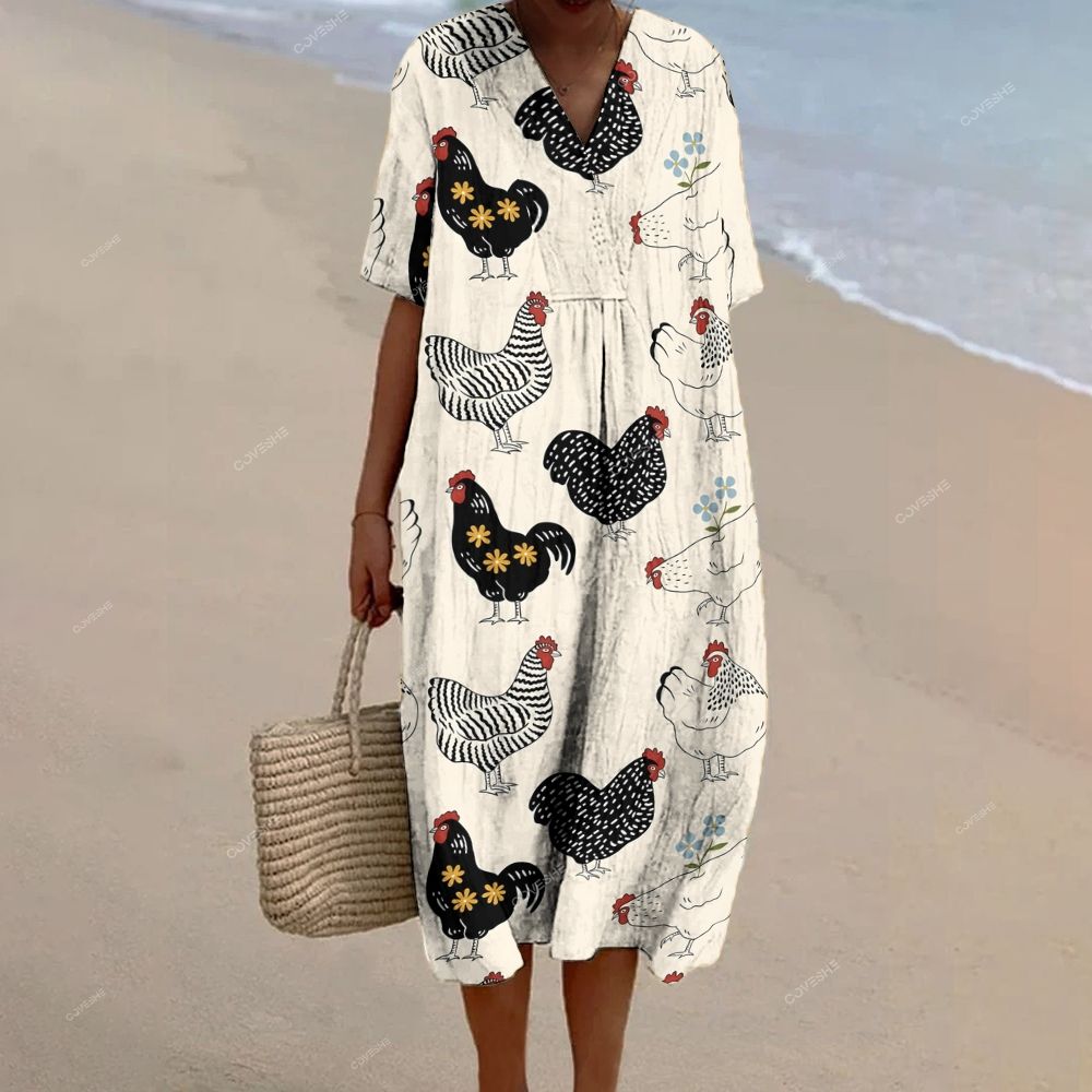 Women's Artistic Flower Chicken Printed Flowy Dress