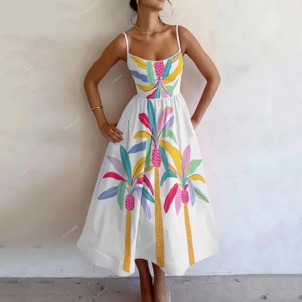 Women's Sleeveless Colorful Coconut Tree Printed Dress