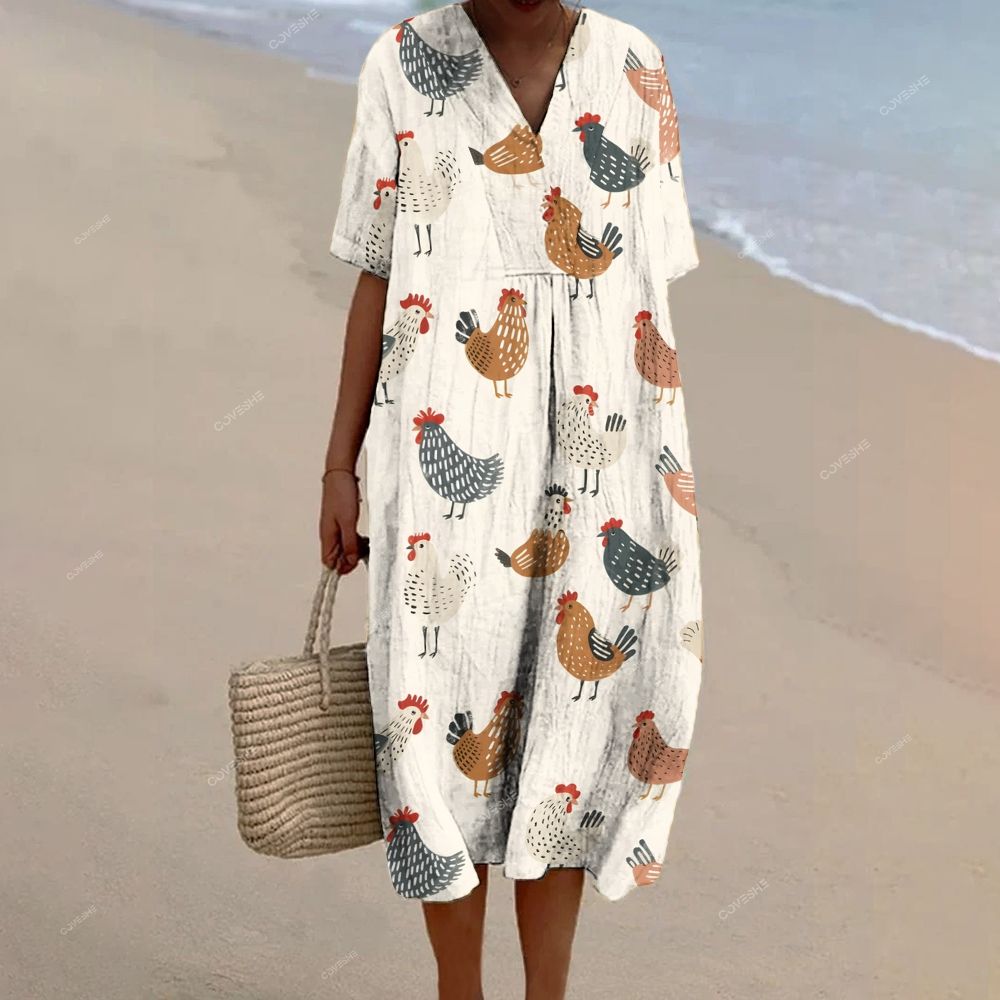 Women's Artistic Chicken Printed Flowy Dress
