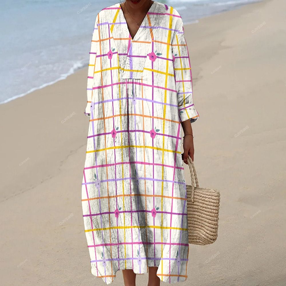 Women's Geometric Grid Flowers Printed Maxi Dress