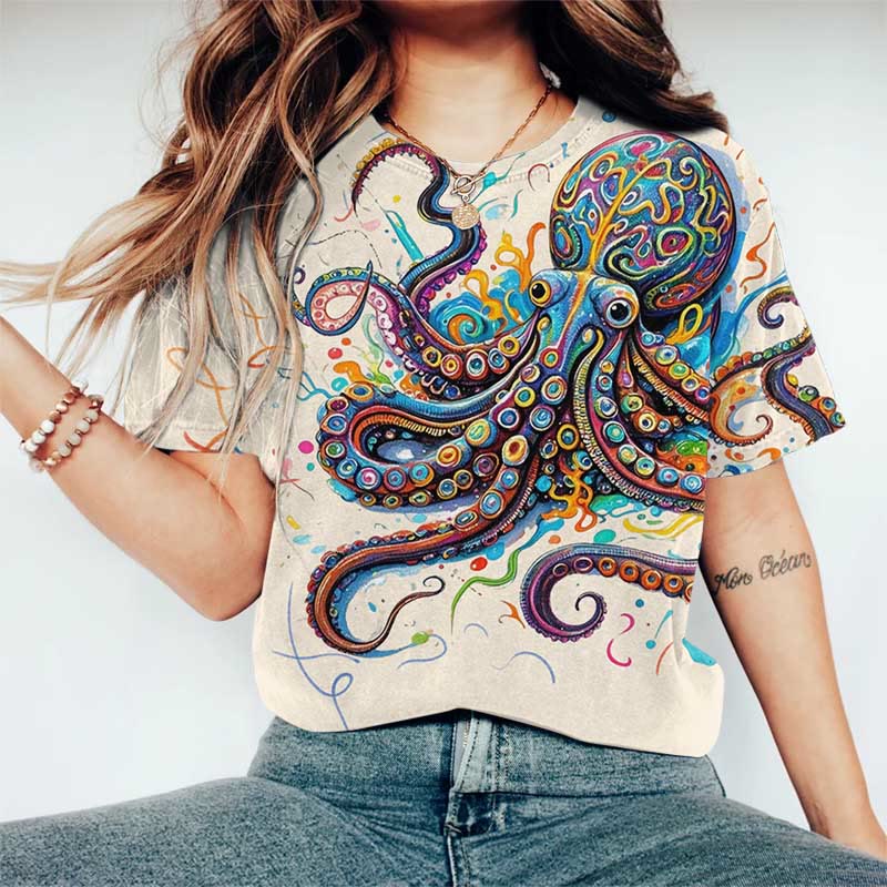 100% Cotton Vintage Rainbow Octopus Art Print Round Neck T-shirt