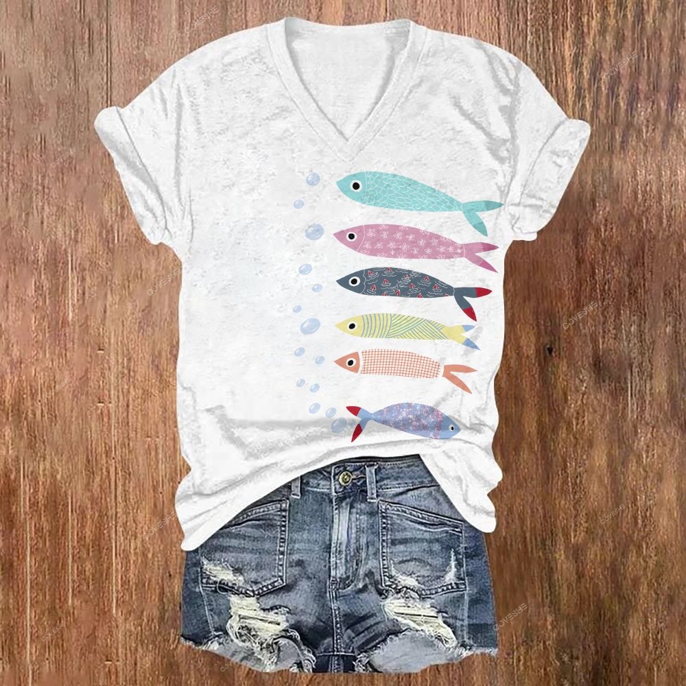 Women's V-neck Colorful Cartoon Fish Printed Short Sleeve T-shirt
