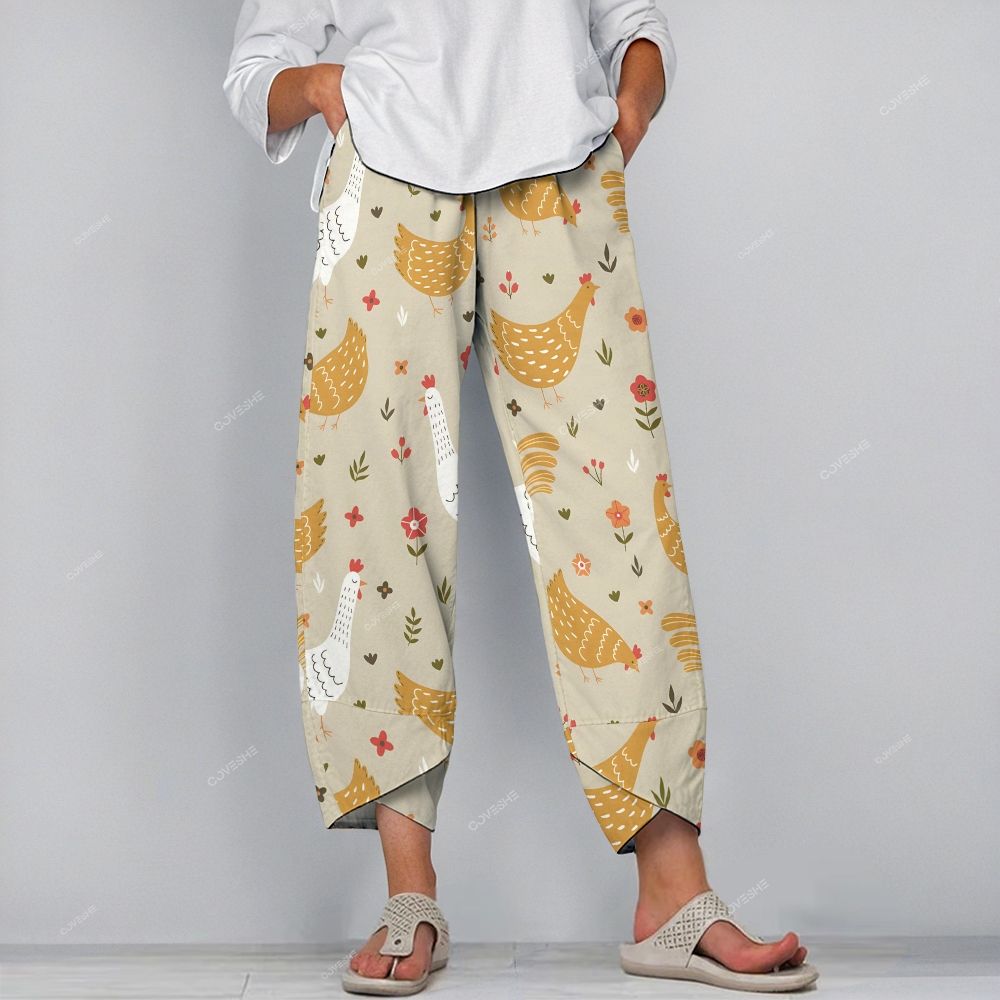 Women's Casual Flower Chicken Printed Pants