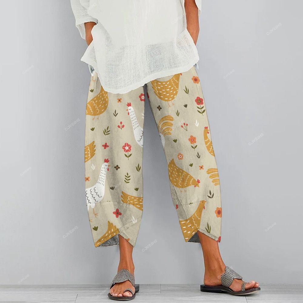 Women's Casual Flower Chicken Printed Pants