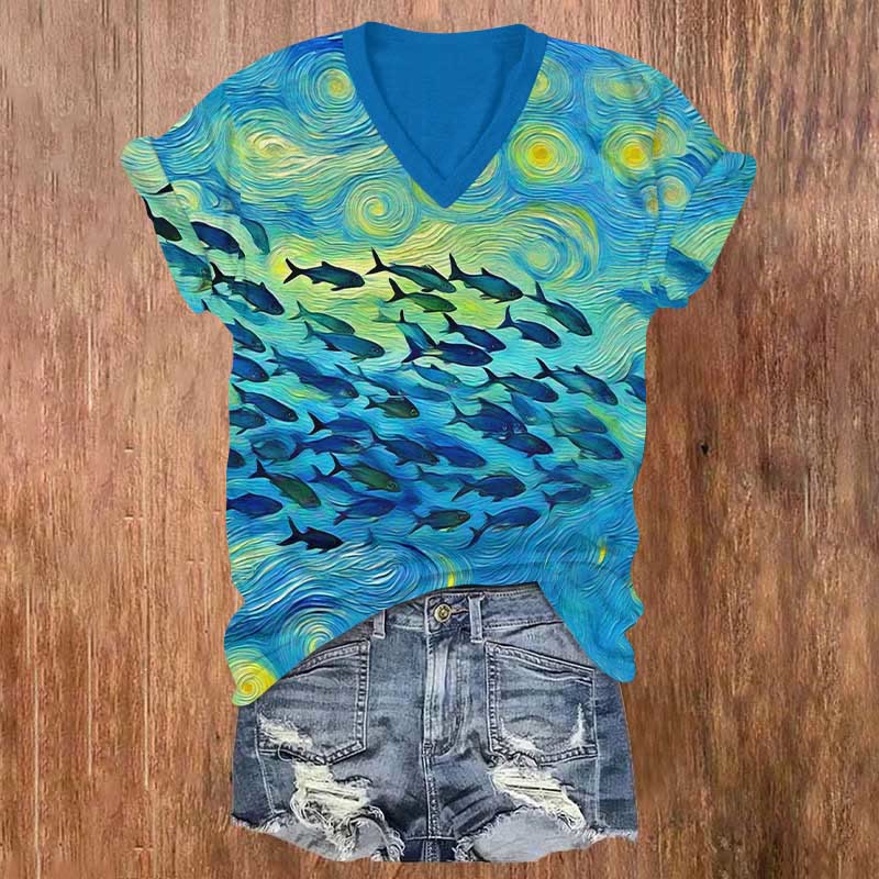 Oil Painting Ocean Fish School Print V-neck T-shirt