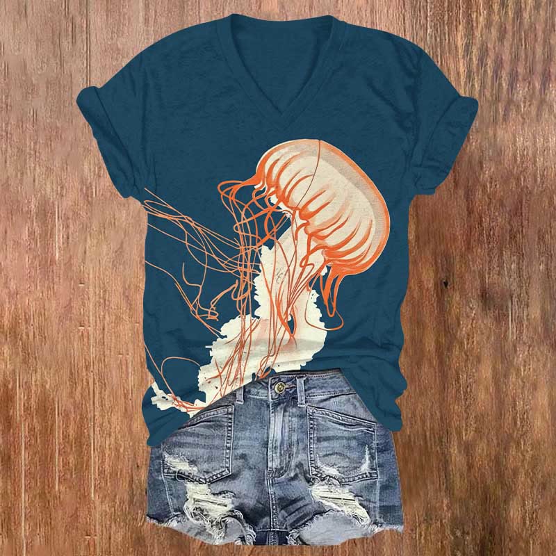 Vintage Abstract Jellyfish Art Print V-neck T-shirt