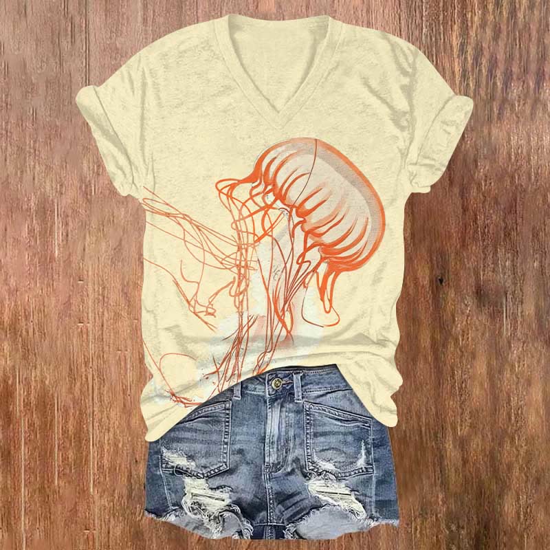 Vintage Abstract Jellyfish Art Print V-neck T-shirt