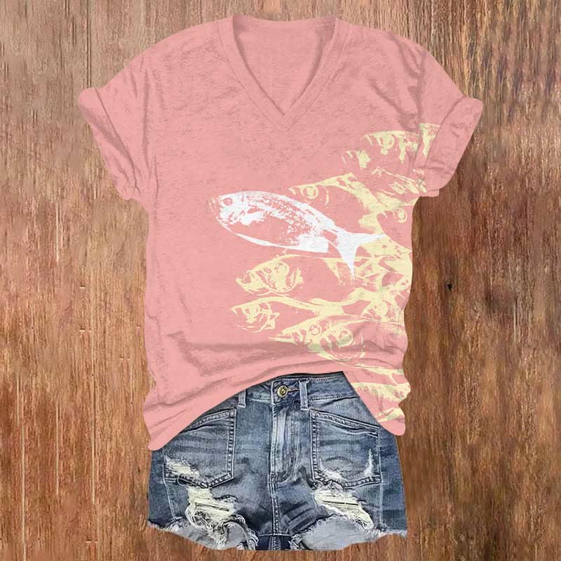 Vintage Abstract Sardines Art Print V-neck T-shirt