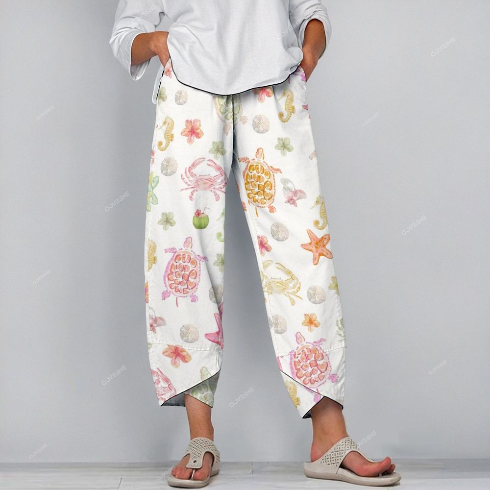Women's Casual Colorful Cartoon Turtle Crab Printed Pants