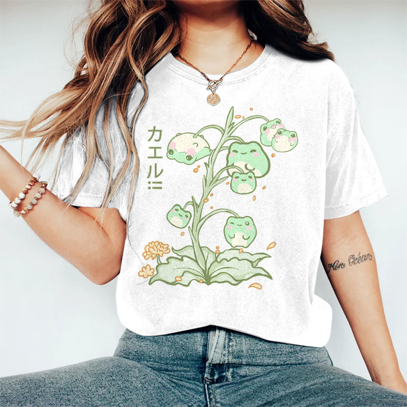 100% Cotton Women's Japanese Lovely Cat Plant Art Print Casual T-shirt