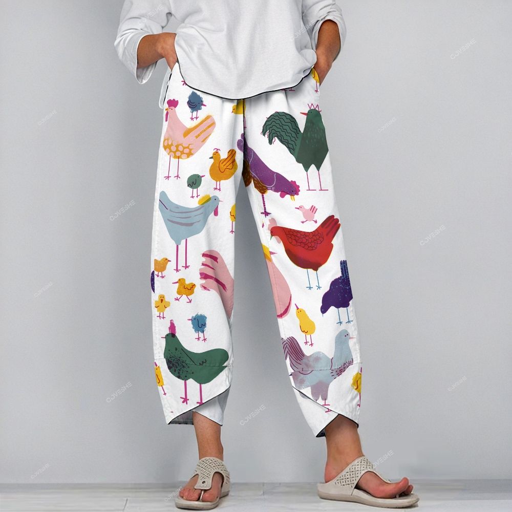 Women's Casual Colorful Cartoon Chicken Printed Pants