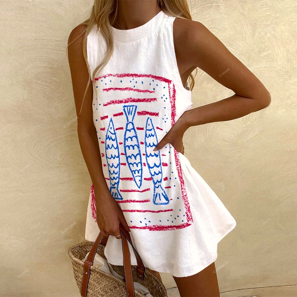 Women's Sleeveless Art Wave Fish Printed Dress