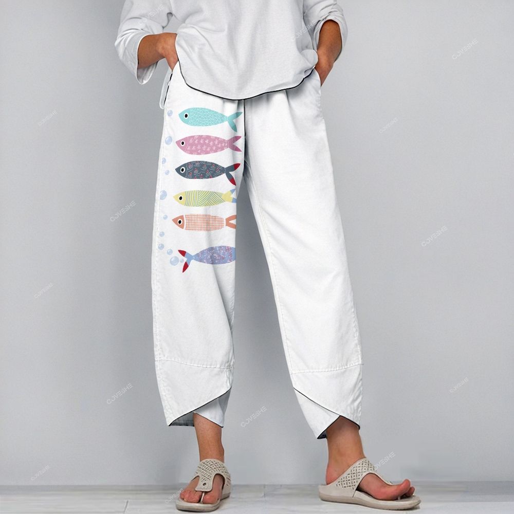 Women's V-neck Colorful Cartoon Fish Printed Short Sleeve T-shirt