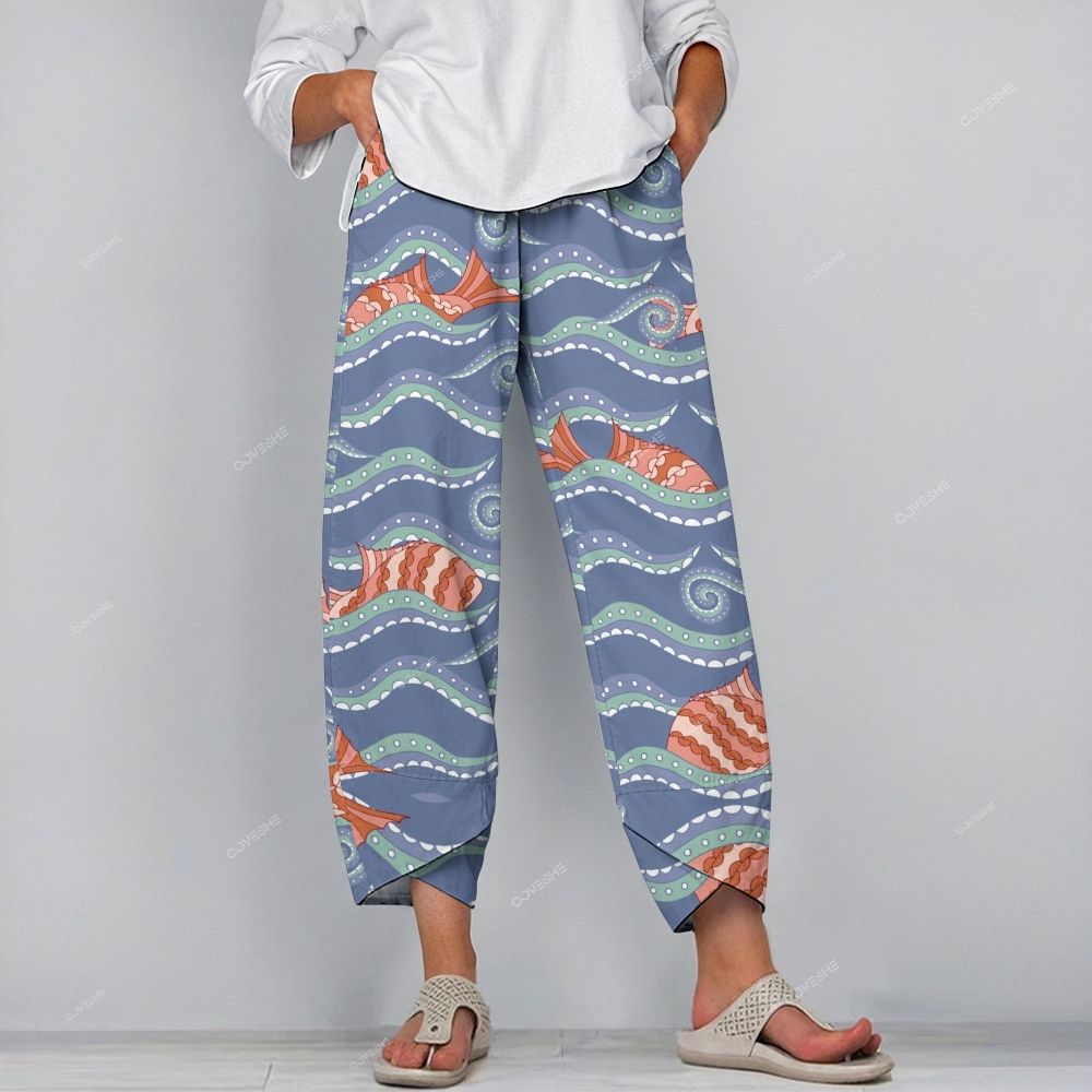 Women's Casual Vintage Geometric Fish Printed Pants