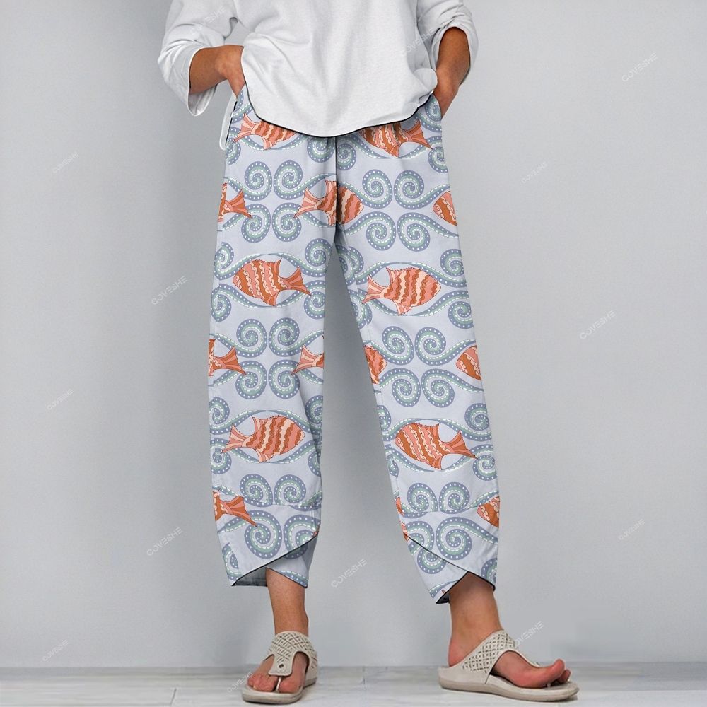 Women's Casual Vintage Geometric Fish Printed Pants