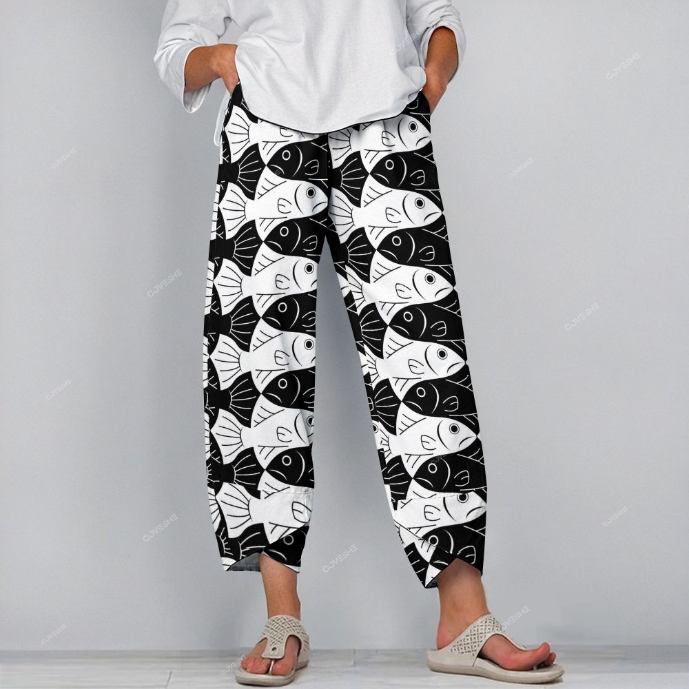 Women's Casual Geometric Black And White Fish Printed Pants